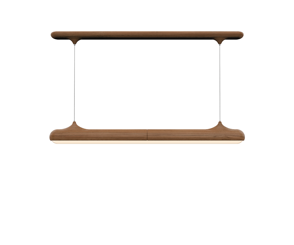 A minimalist and elegant Bruce suspension lamp by Wood Tailors Club, crafted from warm teak wood. It features a linear wooden body suspended by two thin wires from a matching teak ceiling canopy, providing a soft, functional glow.
