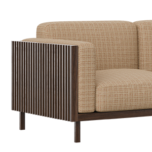 Close-up of the Conway sofa, highlighting the smoked walnut wood structure and Nobilis weave fabric upholstery.