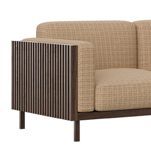 Close-up of the Conway sofa, highlighting the smoked walnut wood structure and Nobilis weave fabric upholstery.