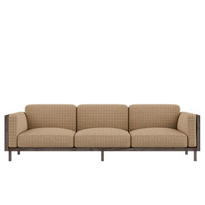 Front view of the Conway sofa, featuring a smoked walnut wood structure and weave fabric upholstery.