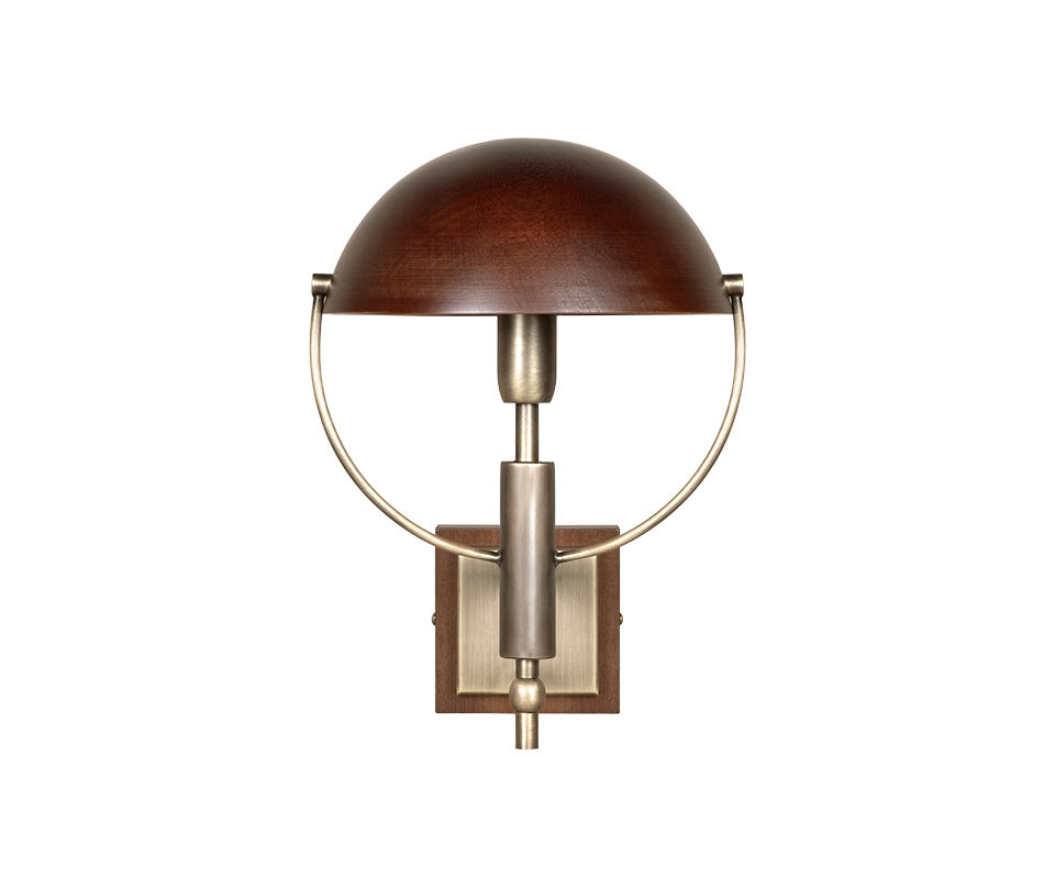 Faraday Wall Lamp Front view of the Faraday Wall Lamp by Wood Tailors Club set against a black background, highlighting its symmetrical aged brushed brass metal frame, smoked walnut dome shade, and square base.