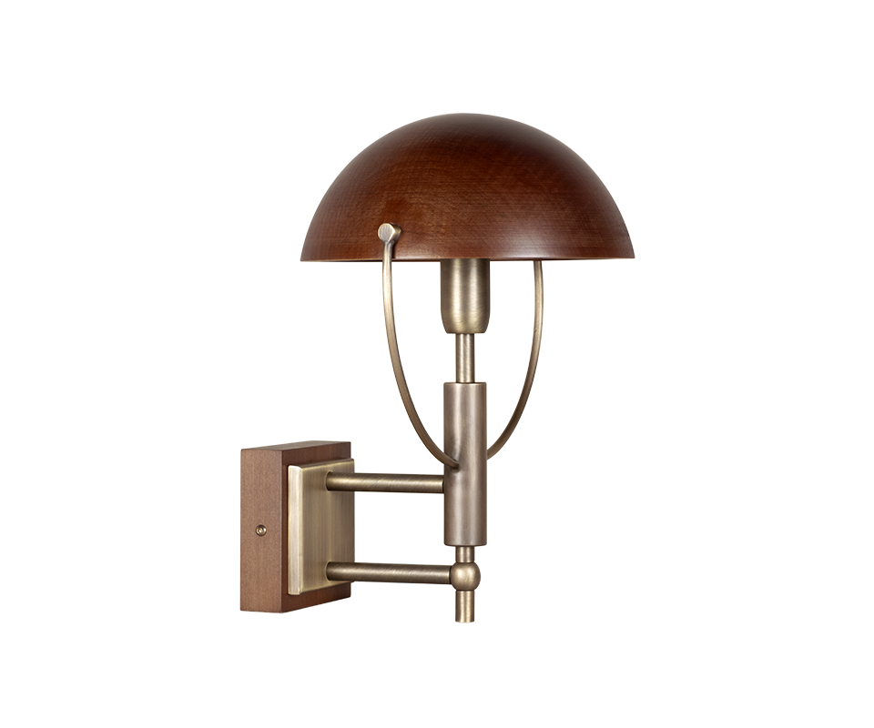 Faraday Wall Lamp Side profile view of the Faraday Wall Lamp by Wood Tailors Club a, featuring standard aged brushed brass hardware and a smoked walnut domed shade.