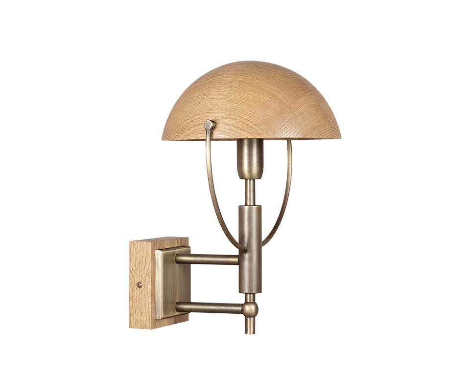 Faraday Wall Lamp Side profile view of the Faraday Wall Lamp by Wood Tailors Club a, featuring standard aged brushed brass hardware and a matural oak domed shade.