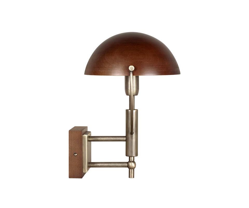 Faraday Wall Lamp Side view of the Faraday Wall Lamp by Wood Tailors Club, crafted in aged brushed brass and smoked walnut wood.