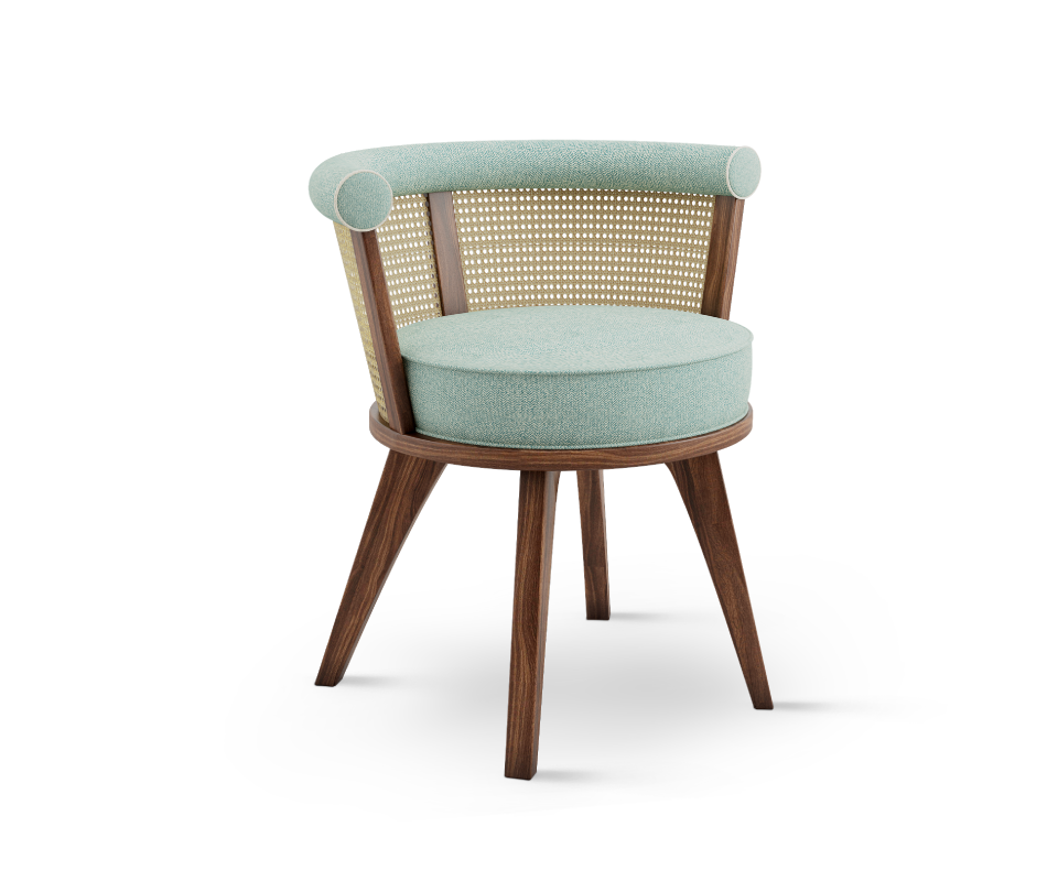 George Dining Chair is made of solid walnut wood enriched with rattan