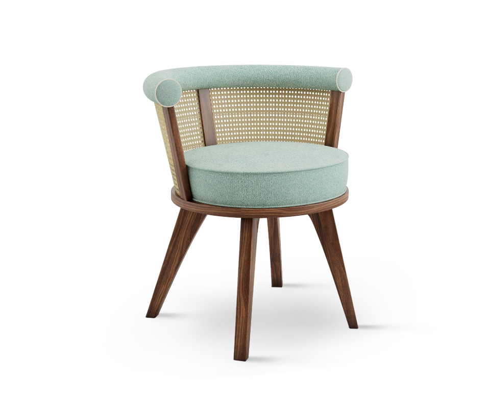 George Dining Chair is made of solid walnut wood enriched with rattan