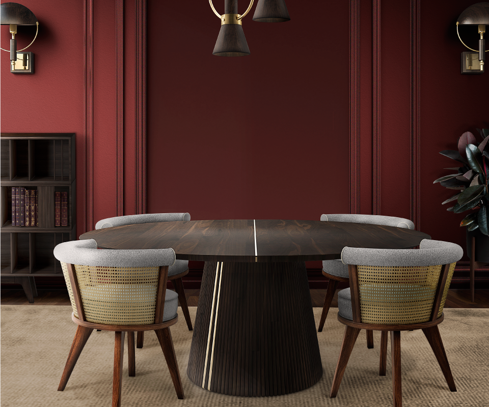 George Dining Chair is made of solid walnut wood enriched with rattan