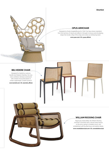 Interior Designer magazine, May 2025 issue, featuring the William rocking armchair in yellow velvet, smoked walnut wood, and rattan.
