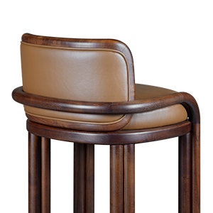 A detailed close-up, partial rear-view of the James bar chair in smoked walnut and genuine leather. The smooth, light brown leather upholstery of the backrest and seat is clearly visible, framed by the elegantly curved and continuous dark wood structure. The unique fluted or ribbed pattern of the smoked walnut legs is highlighted below the seat. The composition focuses on the craftsmanship and materials of the upper-rear portion of the stool, set against an isolated white background.