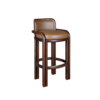 James Bar Chair in smoked walnut solid wood frame with warm tan genuine leather cushioned seat and backrest, shown from a three-quarter front view on a black background.
