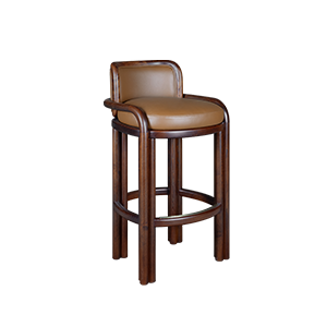 James Bar Chair in smoked walnut solid wood frame with warm tan genuine leather cushioned seat and backrest, shown from a three-quarter front view on a black background.