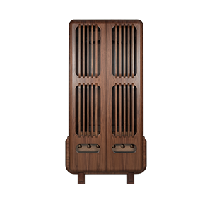 Full-length front view of the Kennedy Golf Locker, a tall rectangular cabinet with rounded corners, handcrafted in dark smoked walnut wood. The doors feature vertical slatted wood panels, and the piece stands on a structured base with four short wooden legs.