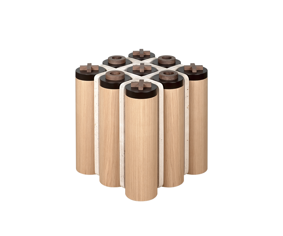 Kensington Tic-Tac-Toe side table by Wood Tailors with nine oak cylinders held by a travertine grid, topped with black lids and walnut X and O pieces.