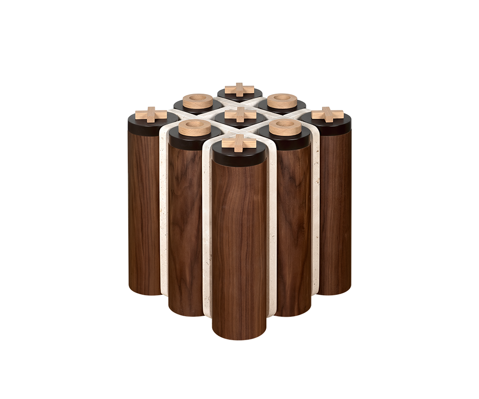 Kensington Tic-Tac-Toe side table by Wood Tailors with nine walnut cylinders held by a travertine grid, topped with black lids and oak X and O pieces.