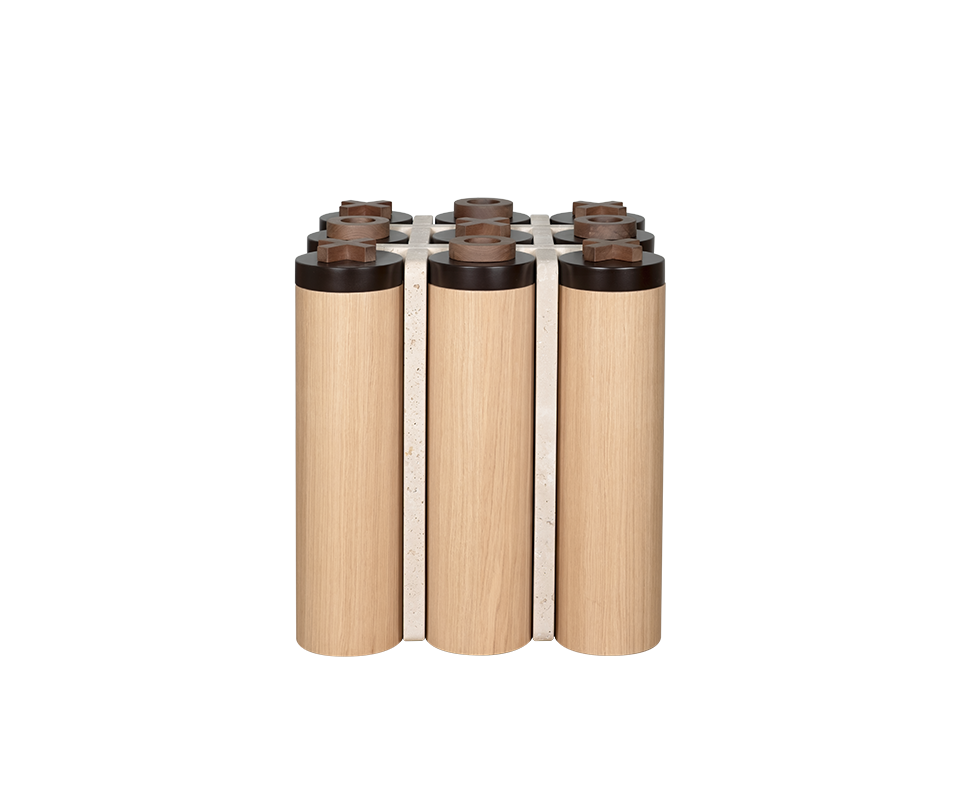Side view of the Kensington Tic-Tac-Toe table by Wood Tailors, showing three oak cylinders separated by travertine strips and walnut X and O pieces on top.