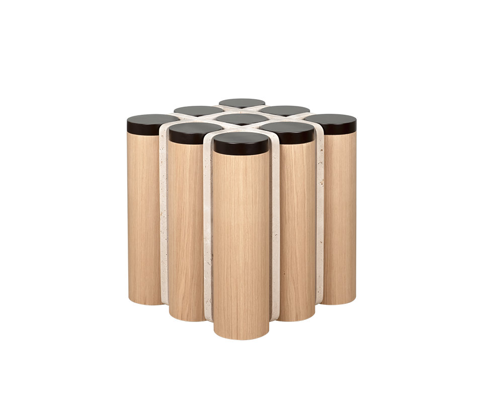 Kensington Tic-Tac-Toe table by Wood Tailors in oak and travertine, shown without game pieces, with nine plain black lids on top.
