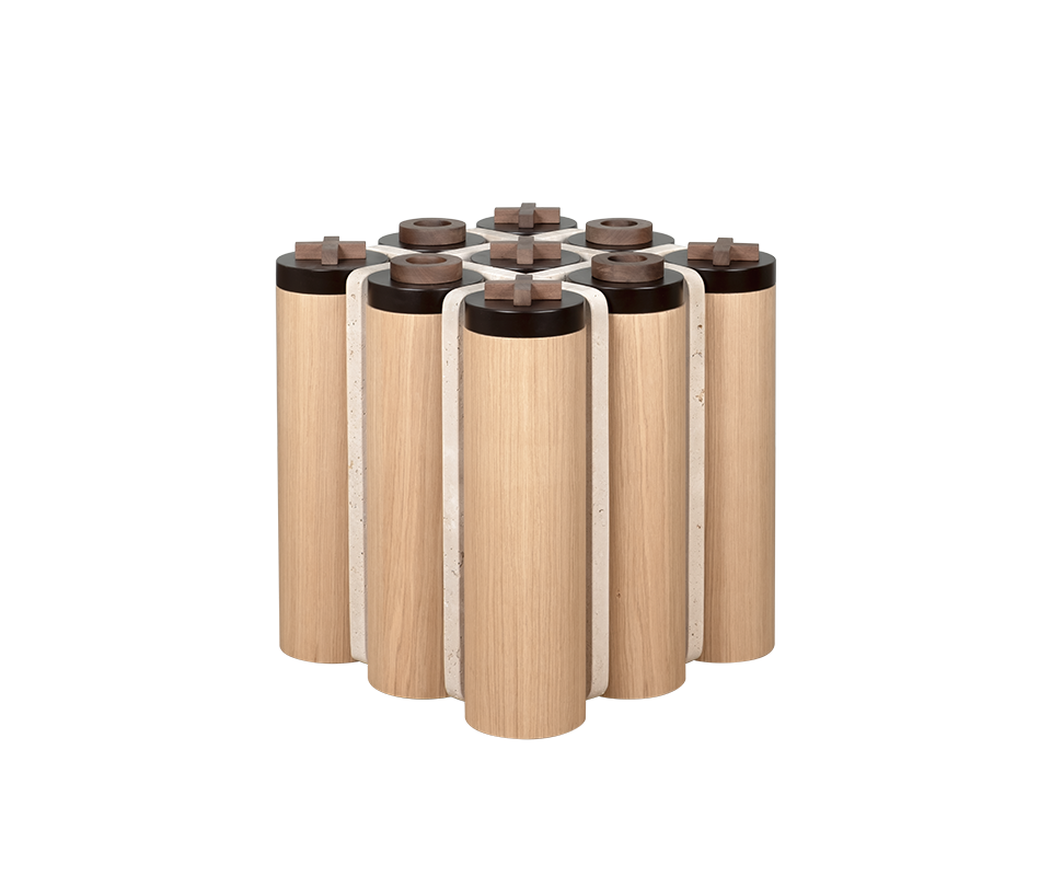 Kensington Tic-Tac-Toe side table by Wood Tailors in oak and travertine, with walnut X and O pieces placed on the black lids in a different game arrangement.