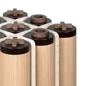 Thumbnail of the Kensington Tic-Tac-Toe side table by Wood Tailors, with oak cylinders, travertine grid and walnut X and O pieces.