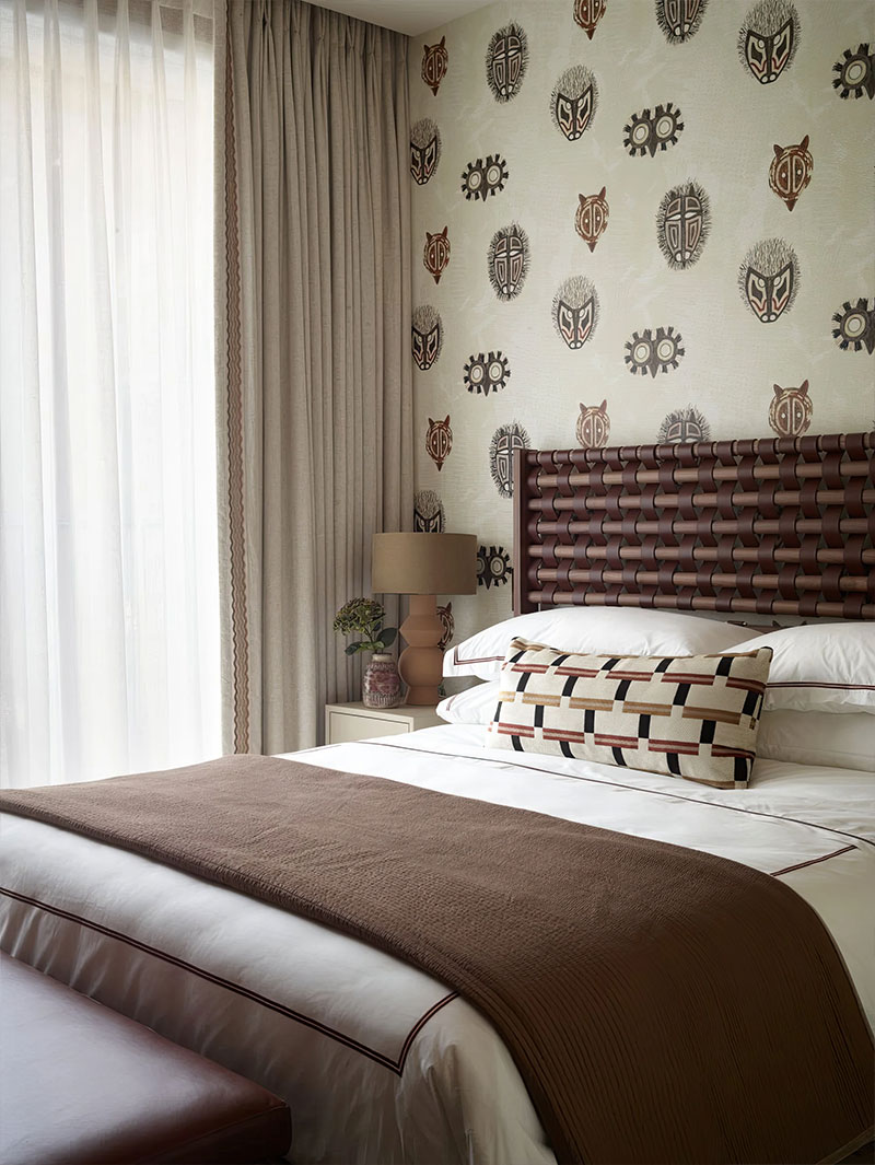 Projects London Apartment 1 O'Connell II Bed by Wood Tailors Club in a London apartment curated by Rachel Laxer Interiors, showcased as the master suite’s centerpiece with a smoked walnut frame and natural leather headboard that echo the room’s gentle curves and elegant, organic design.