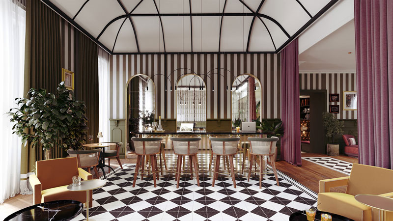 Projects Meravili House 3 Four George Bar Chairs at Meravili House of Business, featuring rattan detailing that blends natural textures atop a checkered patterned floor.