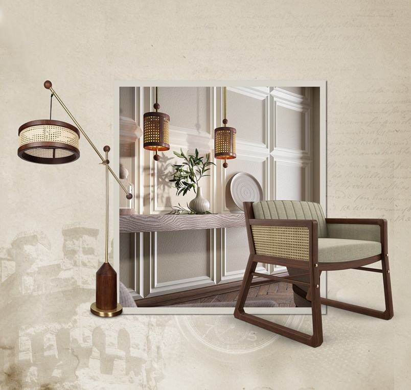 The Club Moodboard Hamilton Pendant 1 Rattan Furniture - William Armchair, rattan pendant lamps and hamilton floor lamp