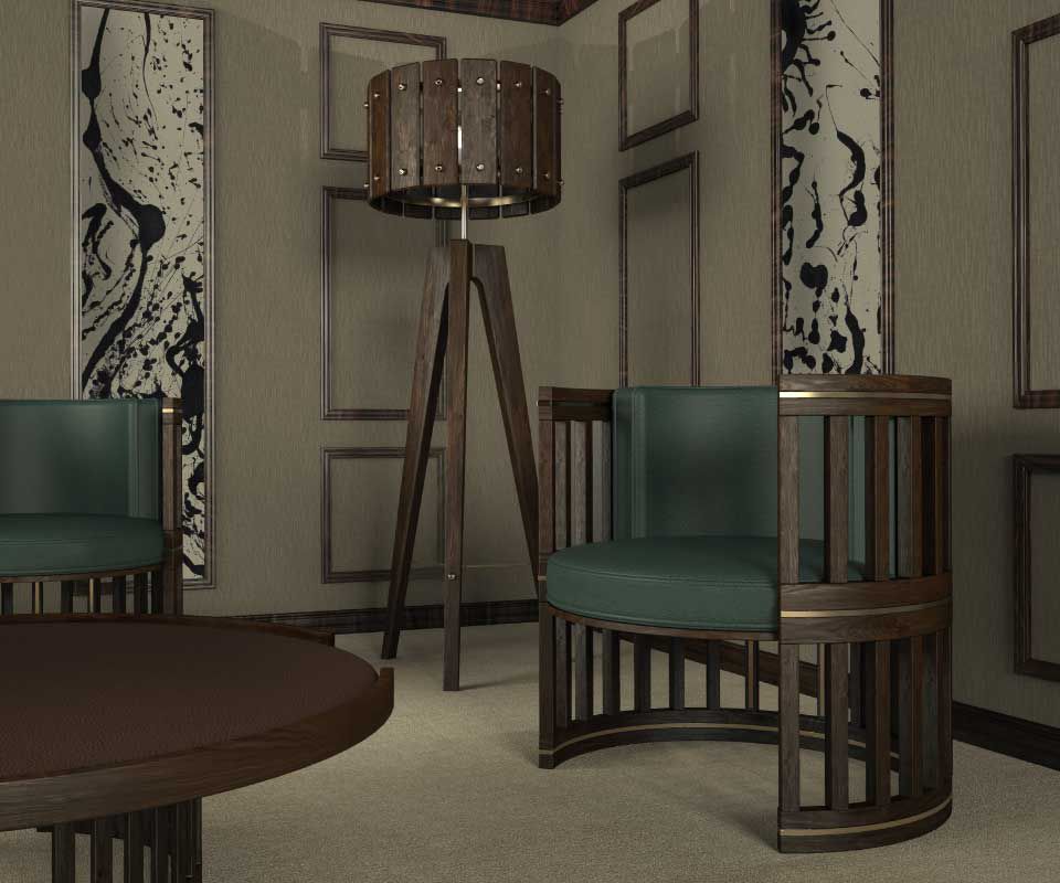 Forbes Armchair in smoked walnut wood upholstered in green genuine leather