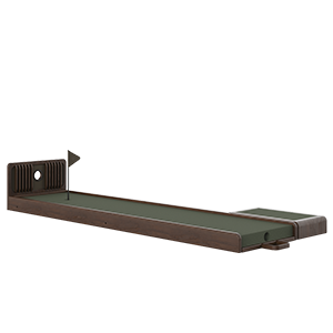 A side profile of the Sutherland Mini Golf set in Smoked Walnut wood. The long putting green features a dark green turf, a minimalist flag, and a decorative ribbed wooden headboard with a circular cutout.