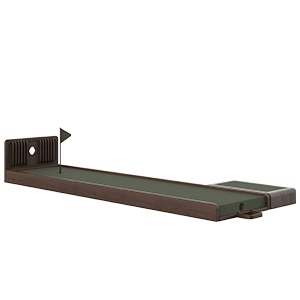 A side profile of the Sutherland Mini Golf set in Smoked Walnut wood. The long putting green features a dark green turf, a minimalist flag, and a decorative ribbed wooden headboard with a circular cutout.