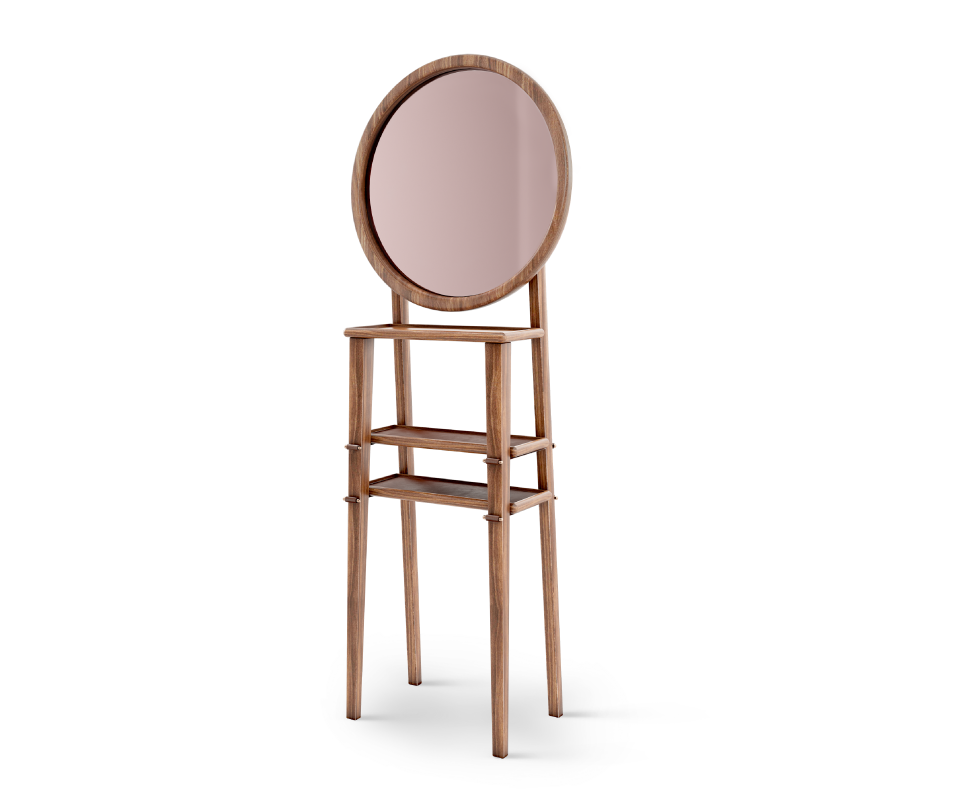 Turner Standing Mirror in walnut wood, genuine leather and polished brass