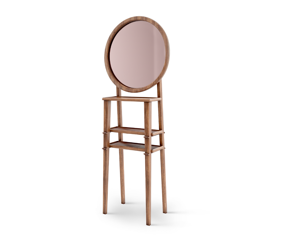 Turner Standing Mirror in walnut wood, genuine leather and polished brass