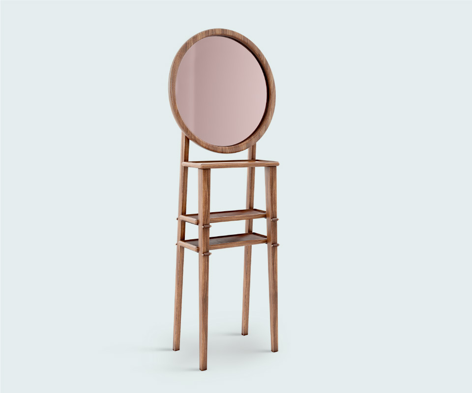 Turner Standing Mirror in walnut wood, genuine leather and polished brass