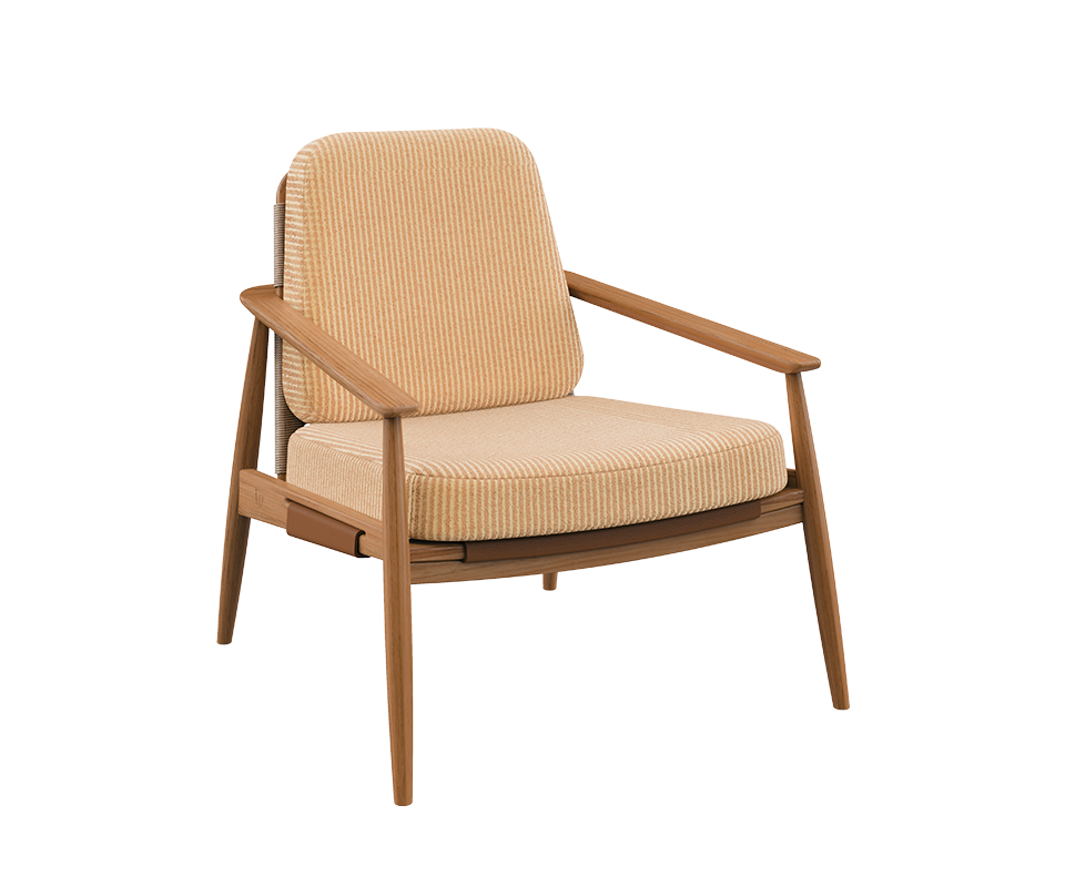 The sophisticated Adam armchair by Wood Tailors Club, featuring a natural teak wood frame with a subtle, textured cream and beige patterned fabric upholstery on the seat and backrest. Its clean lines and comfortable design evoke a timeless mid-century aesthetic.