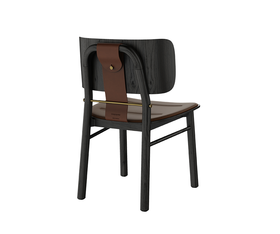 Arthur Dining Chair Back three-quarter view of the Arthur Dining Chair in a dark wood finish, featuring a brown leather seat, saddle leather back strap, and brass accents.