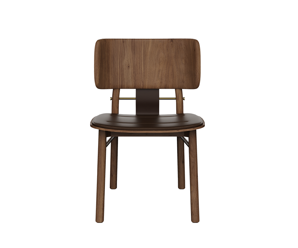 Arthur Dining Chair Front view of the Arthur Dining Chair in dark walnut wood with a dark leather cushioned seat and curved wooden backrest.