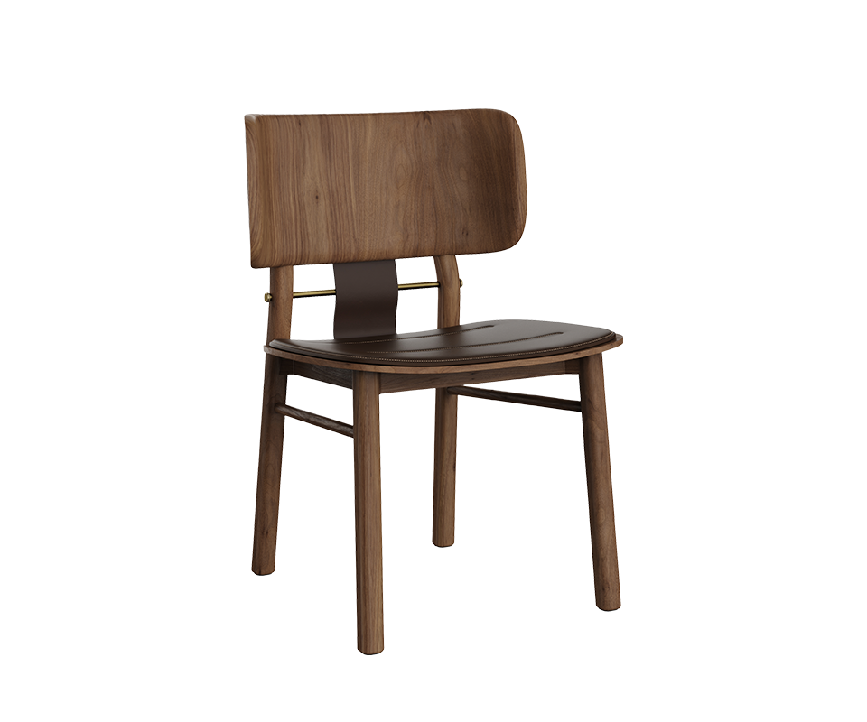 Arthur Dining Chair Three-quarter front view of the Arthur Dining Chair in dark walnut wood, showing the leather upholstered seat cushion and smooth curved backrest.