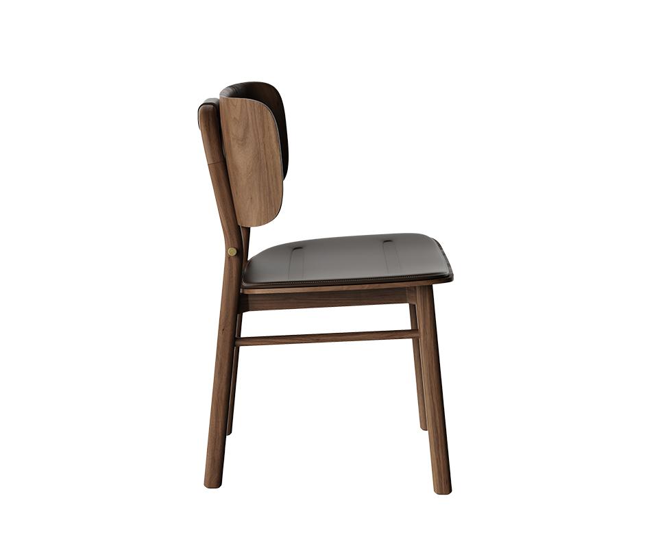 Arthur Dining Chair Side profile view of the Arthur Dining Chair made of dark wood, showing the sleek profile, leather cushioned seat, curved backrest, and brass side button detail.
