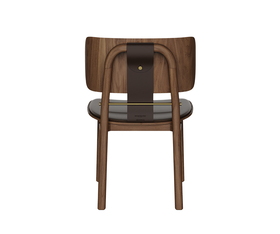 Arthur Dining Chair Direct back view of the Arthur Dining Chair in dark walnut, displaying the saddle leather strap fitted with a metallic brass bar and brass button.