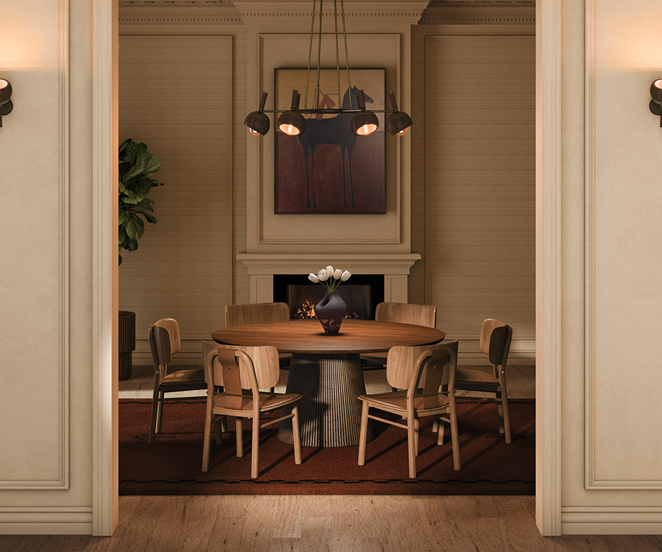 Arthur Dining Chair Elegant dining room setup with Arthur Dining Chairs surrounding Henry a round wooden dining table, framed by warm interior lighting, a fireplace, and hanging the essen suspesion lamp.