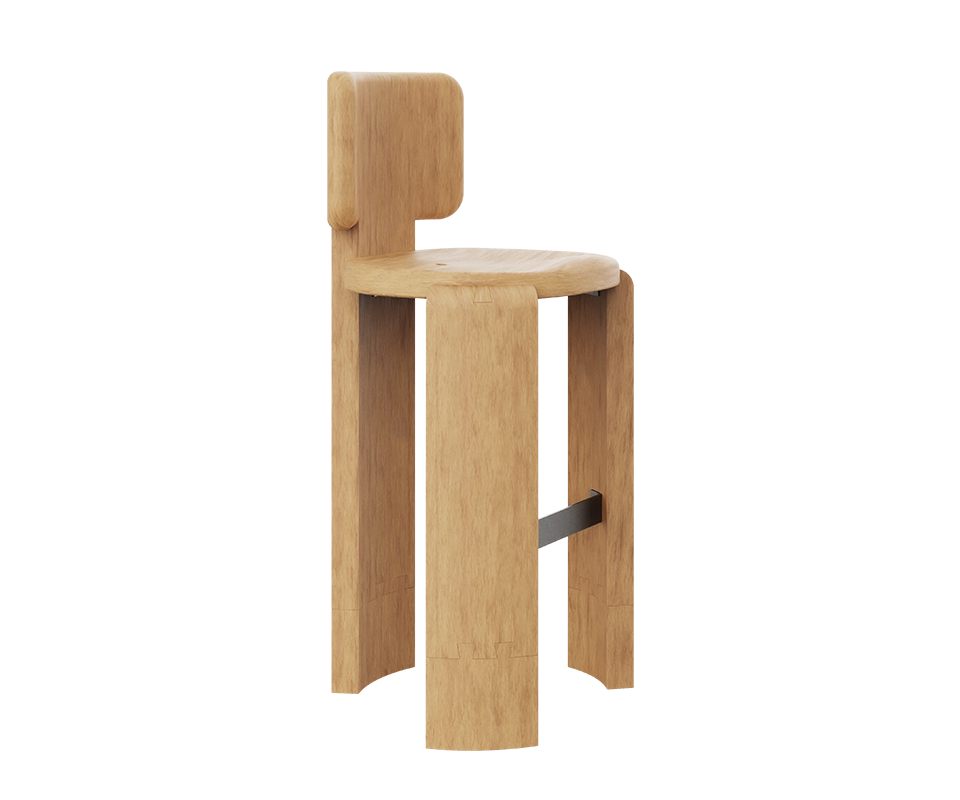 Benjamin Bar Chair A three-quarter perspective view of the Benjamin Bar Chair in Iroko outdoor wood, showing the front left leg, the contoured seat from an angle, and the full shape of the t-shaped backrest. The simple metal footrest is visible.