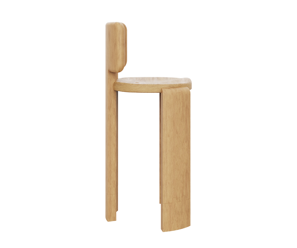Benjamin Bar Chair Side profile view of the Benjamin Bar Chair in Iroko outdoor wood, highlighting the minimalist structure: the vertical line of the backrest post, the horizontal profile of the seat, and the shape of the curved front legs.