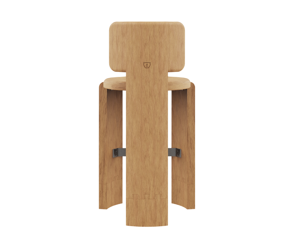 Benjamin Bar Chair Rear view of the Benjamin Bar Chair in Iroko outdoor wood, showcasing the single wide, vertical back support panel which has the logo engraved. The wide, curved back legs and the metal footrest are visible from behind.