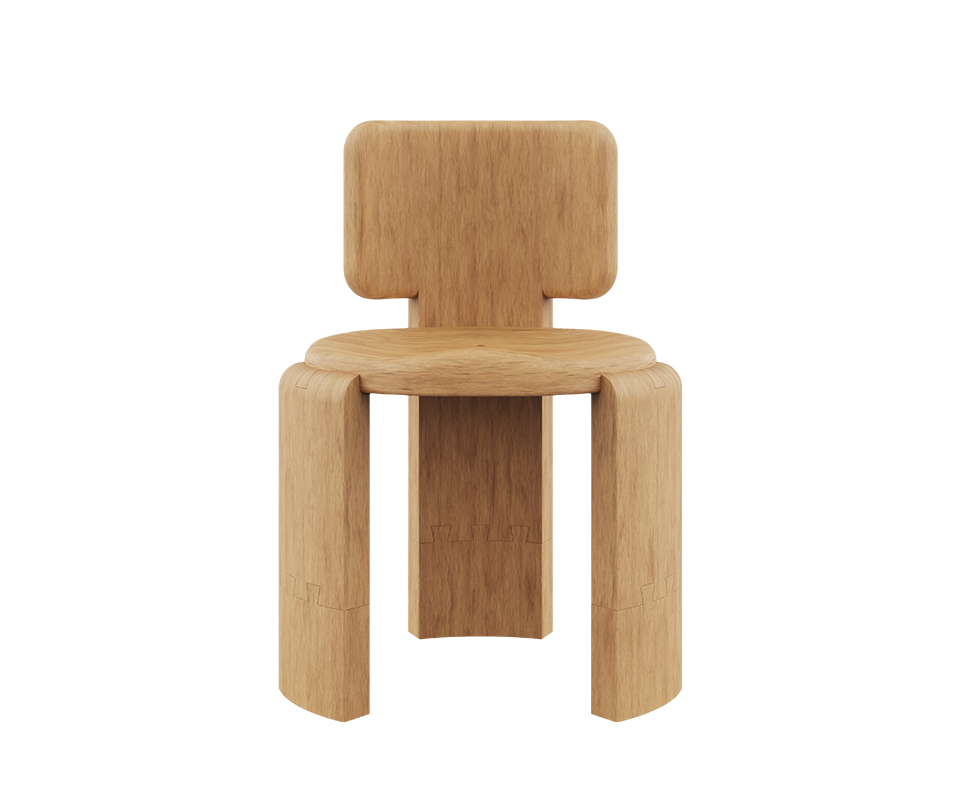 Benjamin Dining Chair Front view of the Benjamin Dining Chair by Wood Tailors Club, crafted in natural light brown Iroko outdoor wood, featuring a curved T-shaped backrest, a round sculpted seat, and thick structural legs with interlocking joinery detailing.