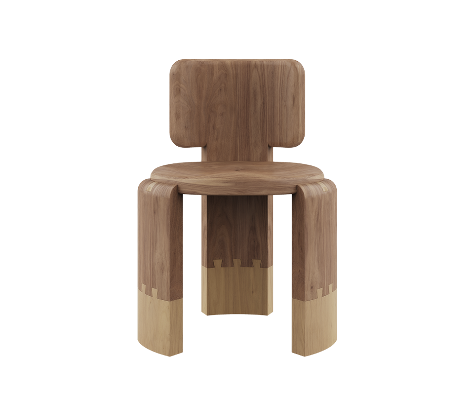 Benjamin Dining Chair Front view of the Benjamin Dining Chair by Wood Tailors Club in a dual-tone indoor finish, combining a rich brown Walnut upper body and seat with light-colored Natural Oak on the base of the interlocking legs.