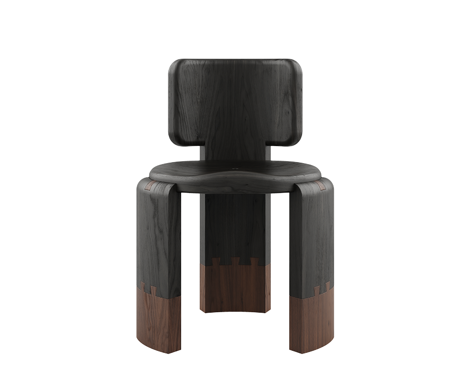 Benjamin Dining Chair Front view of the Benjamin Dining Chair by Wood Tailors Club in a dark indoor finish, featuring a Black stained ashwood main structure and seat paired with deep Smoke Walnut interlocking accents at the bottom of the legs.