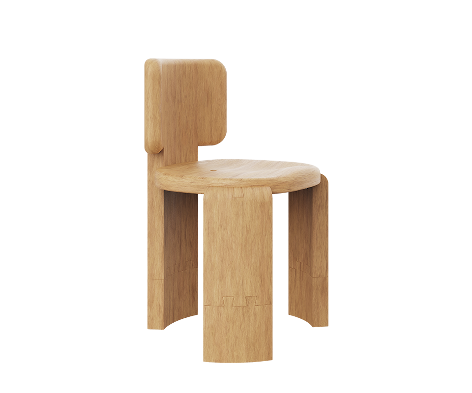 Benjamin Dining Chair Three-quarter perspective view of the Benjamin Dining Chair by Wood Tailors Club in light Iroko outdoor wood, showcasing the thick, rounded profile of the seat, the curved backrest, and the structural interlocking wood joints.