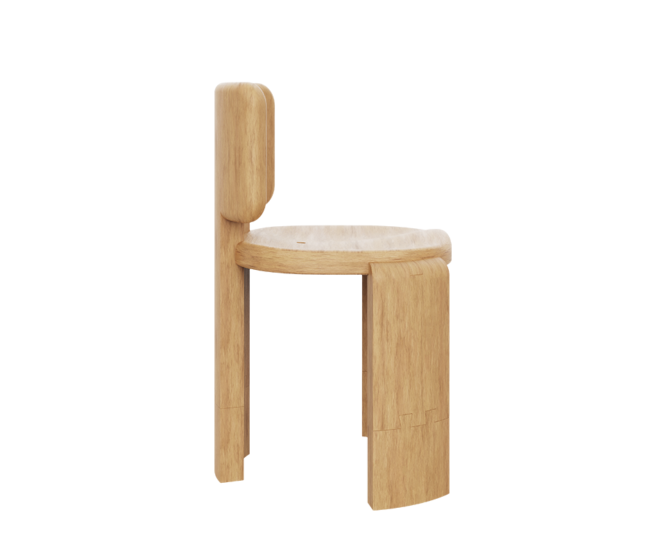 Benjamin Dining Chair Side profile view of the Benjamin Dining Chair by Wood Tailors Club made from light Iroko wood, highlighting the minimalist silhouette, the flush integration of the backrest, and the flat, robust leg design.