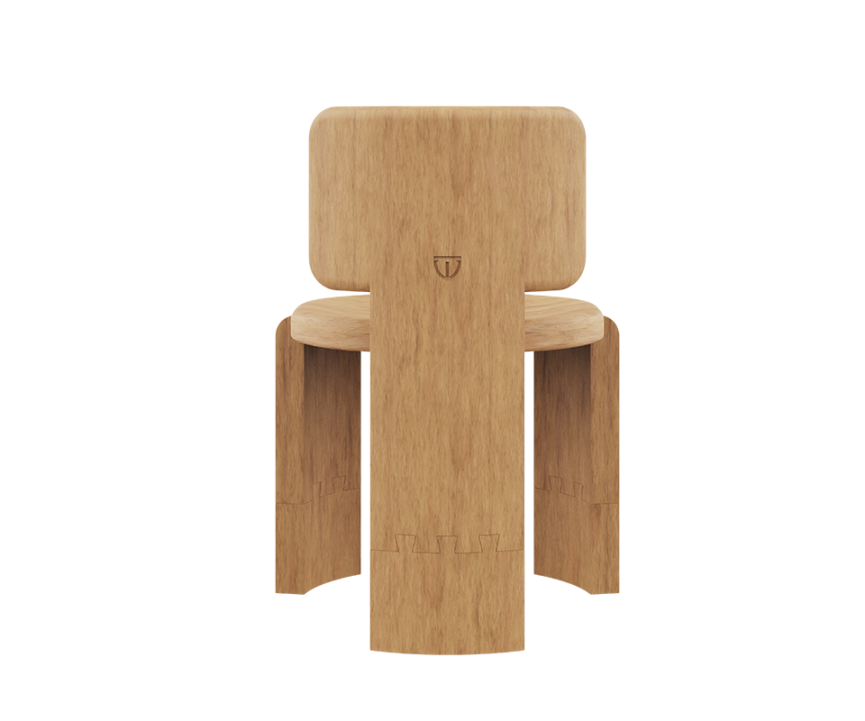 Benjamin Dining Chair Rear view of the Benjamin Dining Chair by Wood Tailors Club in Iroko wood, showing the solid, continuous T-shaped backrest engraved with a subtle brand logo, and the thick curved legs with puzzle-like joinery.