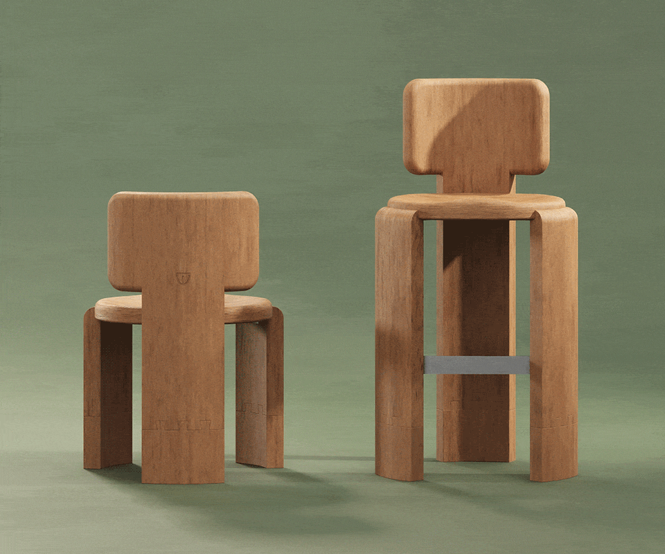 Benjamin Dining Chair Studio shot of the Benjamin Dining Chair alongside the matching high bar stool by Wood Tailors Club, both crafted in warm Iroko wood with distinctive interlocking joints, displayed against a textured sage green background.