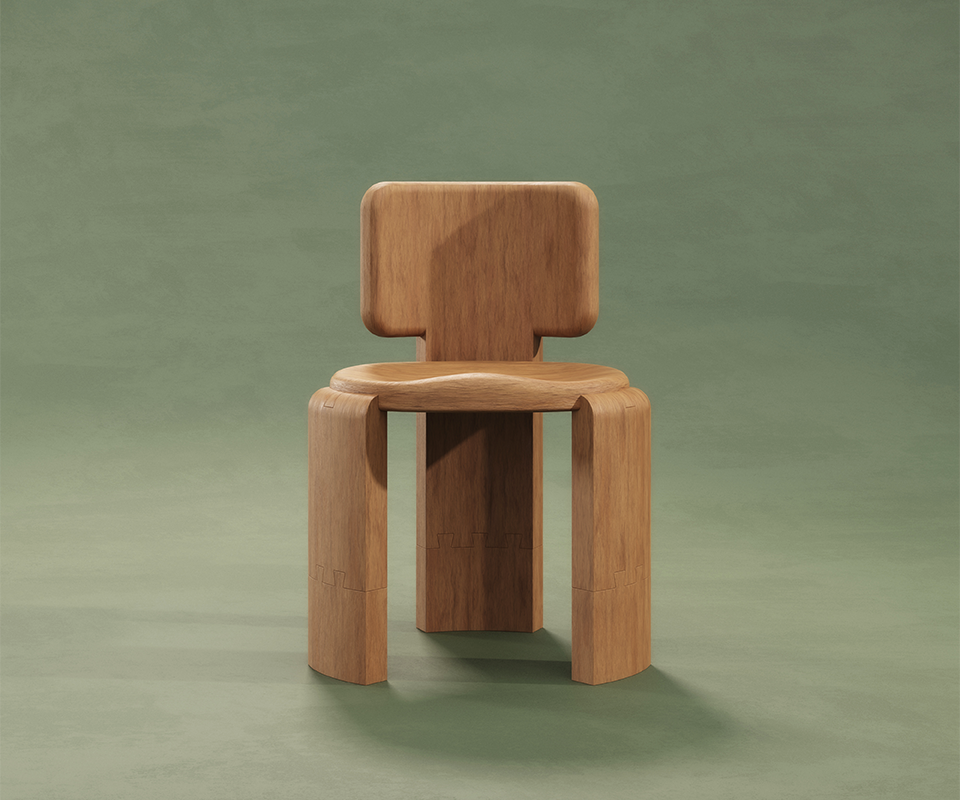 Benjamin Dining Chair Front view of the Benjamin Dining Chair by Wood Tailors Club in natural Iroko wood, positioned in a minimalist studio setting with dramatic shadows against a soft sage green wall and floor.