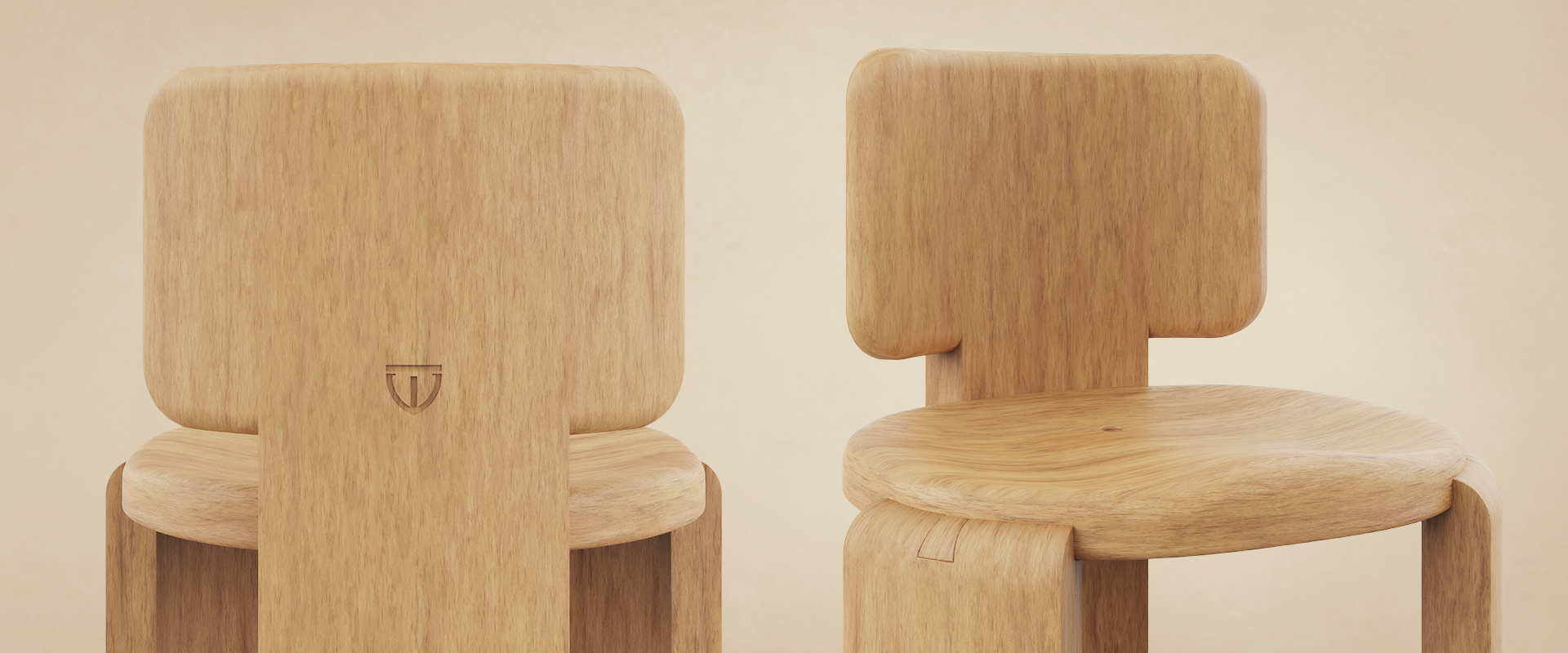 Benjamin Dining Chair Close-up panoramic shot of two Benjamin Dining Chairs by Wood Tailors Club in Iroko wood, focusing on the engraved logo on the backrest of one chair and the smooth, ergonomic contouring of the seat on the other against a warm beige background.